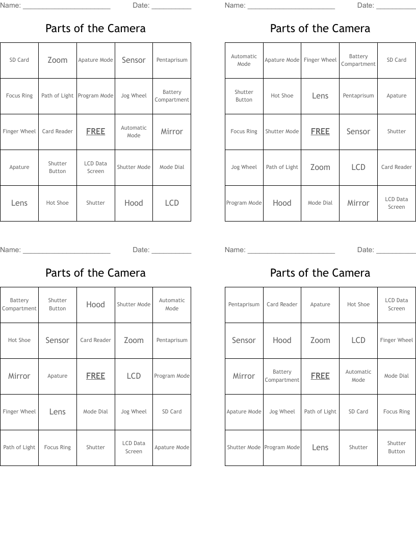 Parts of the Camera Bingo Cards