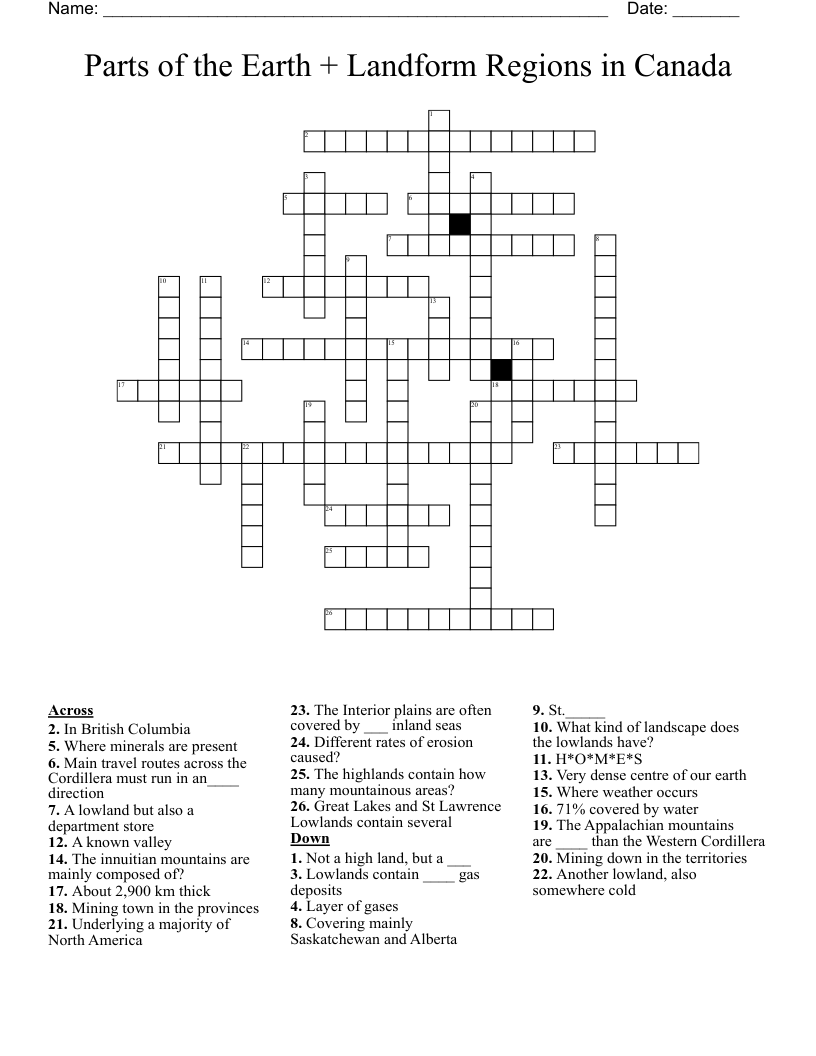 Parts of the Earth + Landform Regions in Canada Crossword