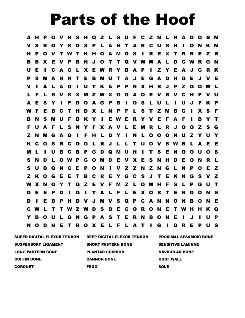 Parts of the Hoof Word Search