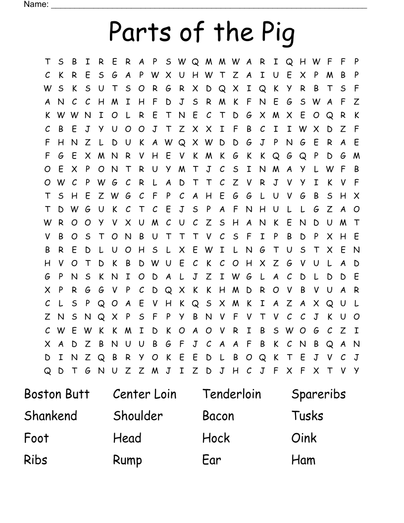 Parts of the Pig Word Search