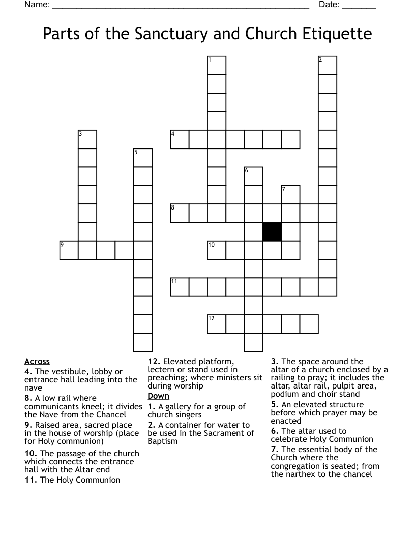 Parts of the Sanctuary and Church Etiquette Crossword
