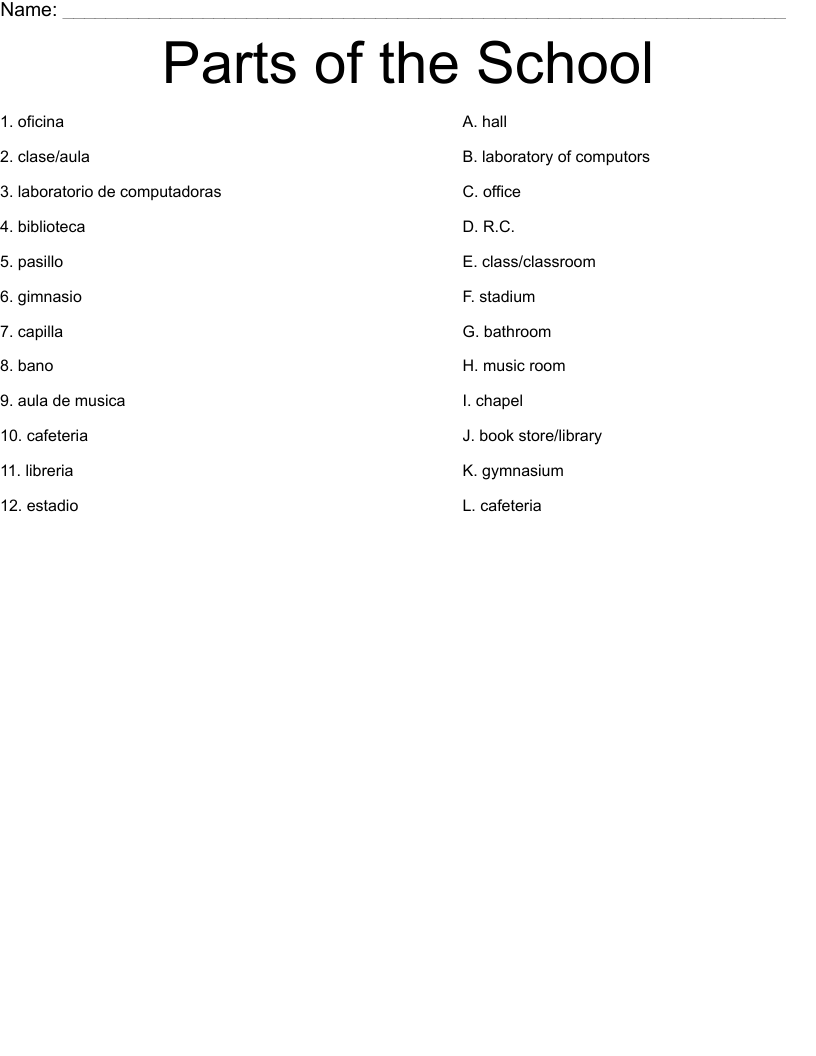 Parts of the School Worksheet