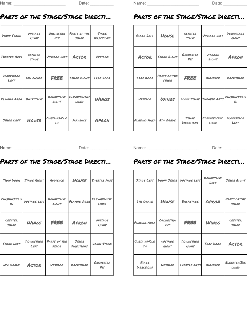Parts of the Stage/Stage Directions  Bingo Cards