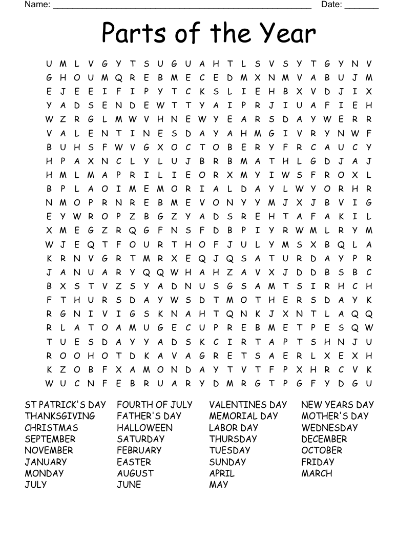 Parts of the Year Word Search