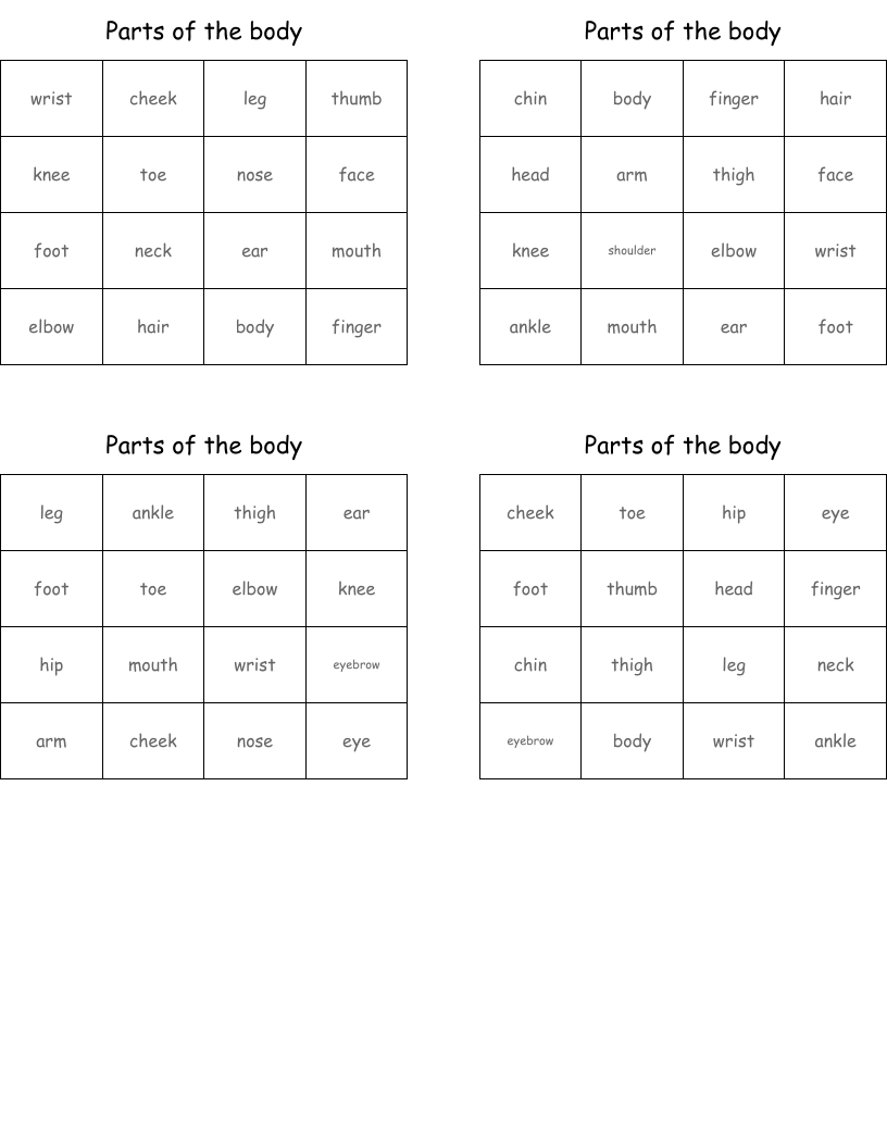Parts of the body Bingo Cards