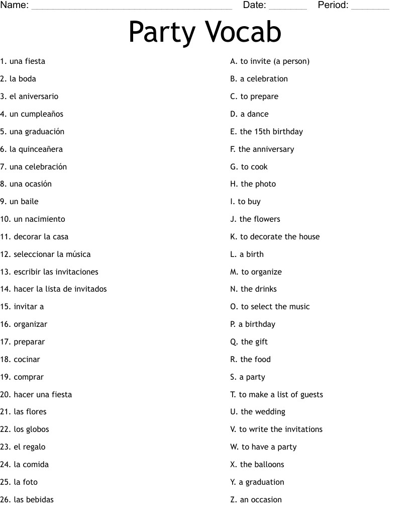 Party Vocab Worksheet