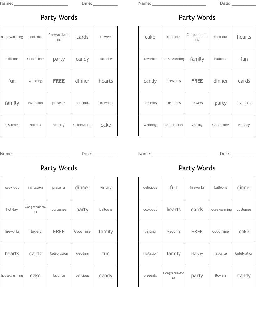 Party Words Bingo Cards