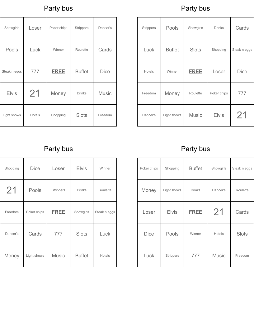 Party bus Bingo Cards