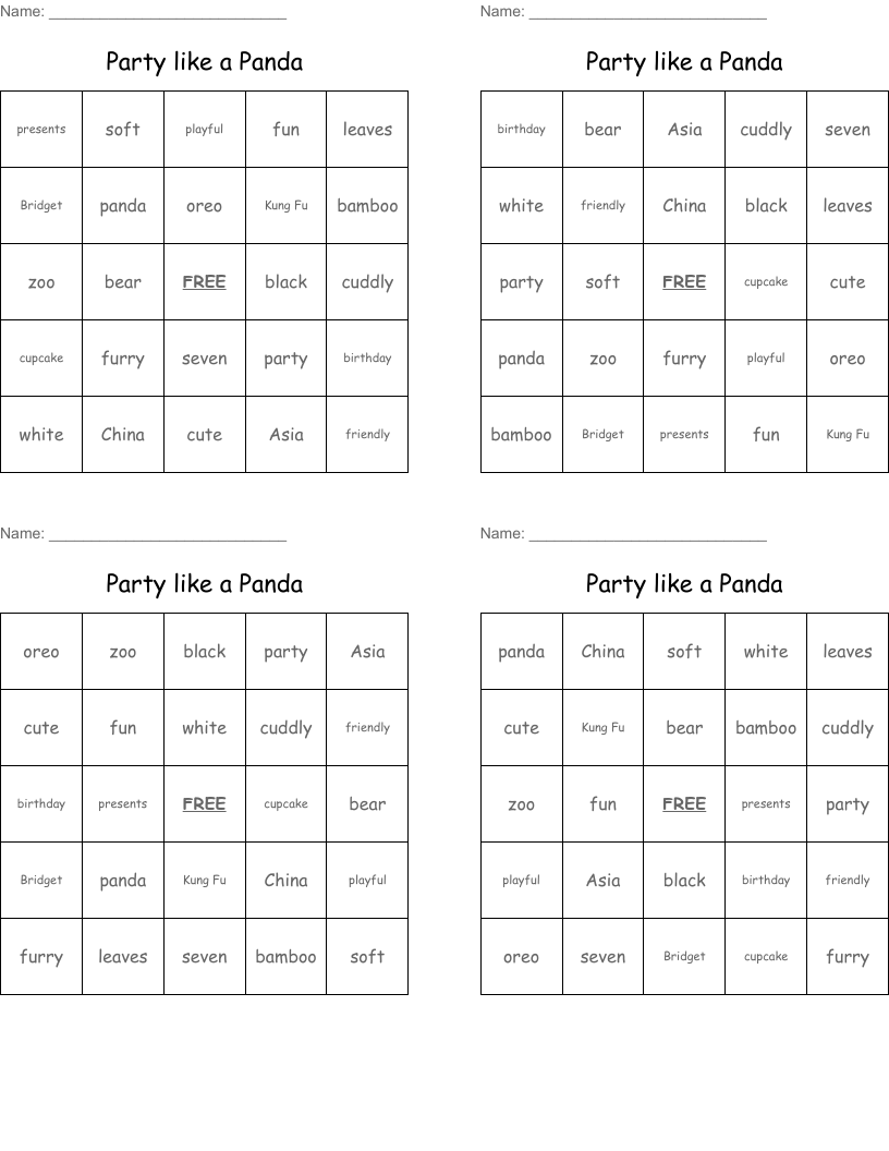 Party like a Panda Bingo Cards