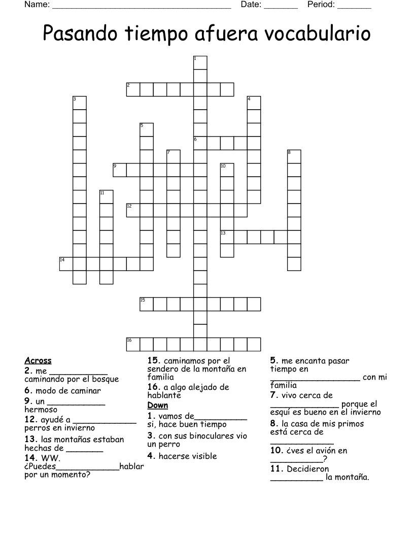 Pasando tiempo afuera vocabulario Crossword