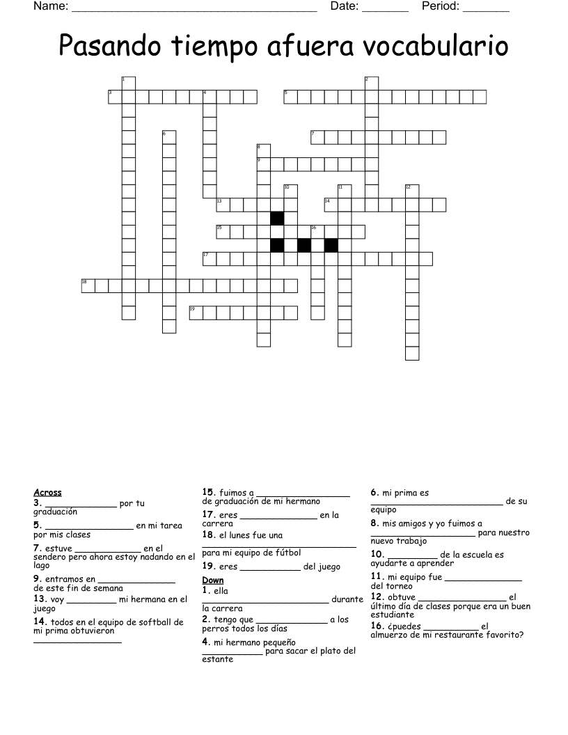 Pasando tiempo afuera vocabulario Crossword