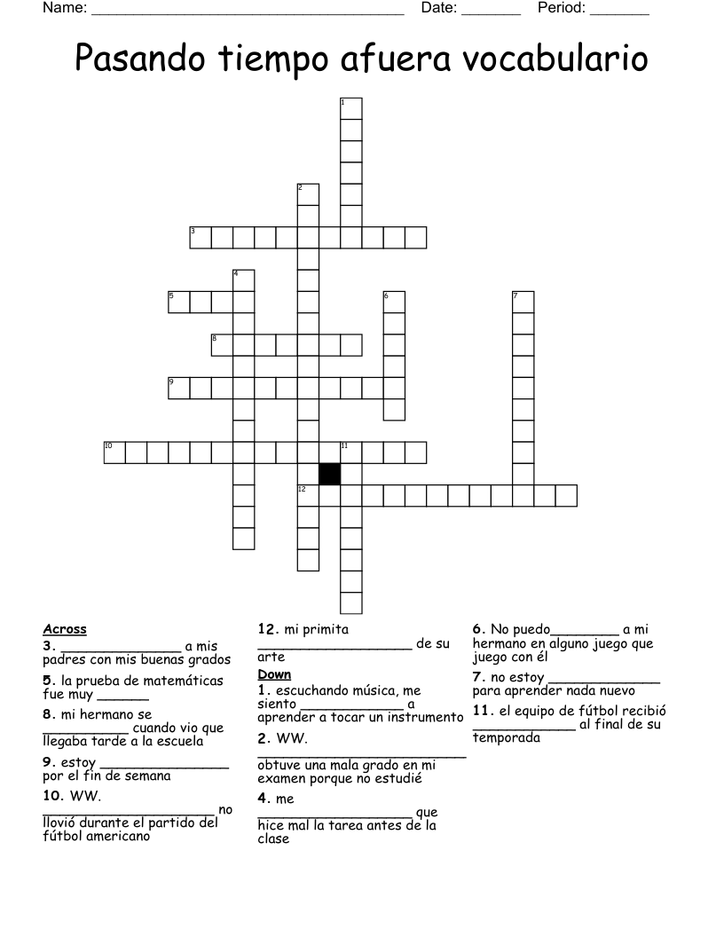 Pasando tiempo afuera vocabulario Crossword