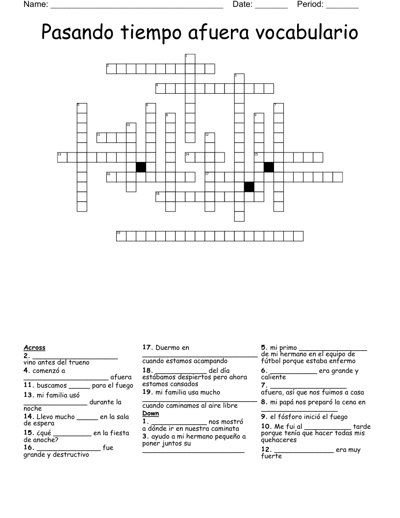 Pasando tiempo afuera vocabulario Crossword