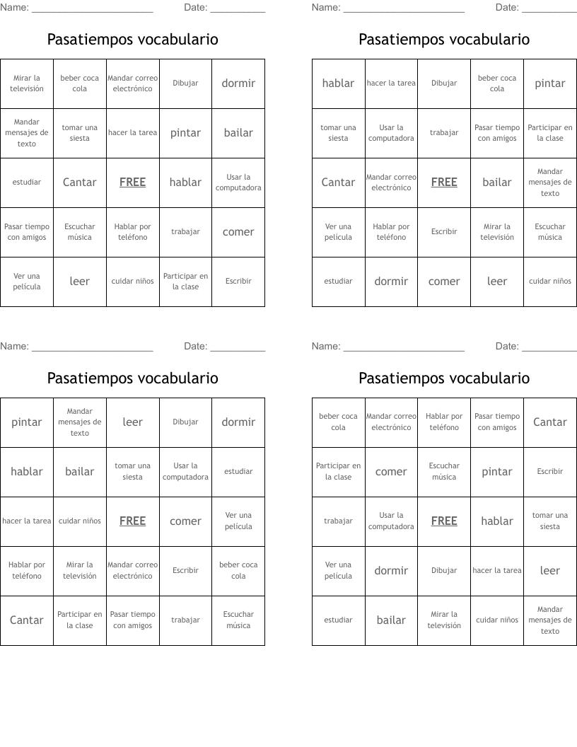 Pasatiempos vocabulario Bingo Cards