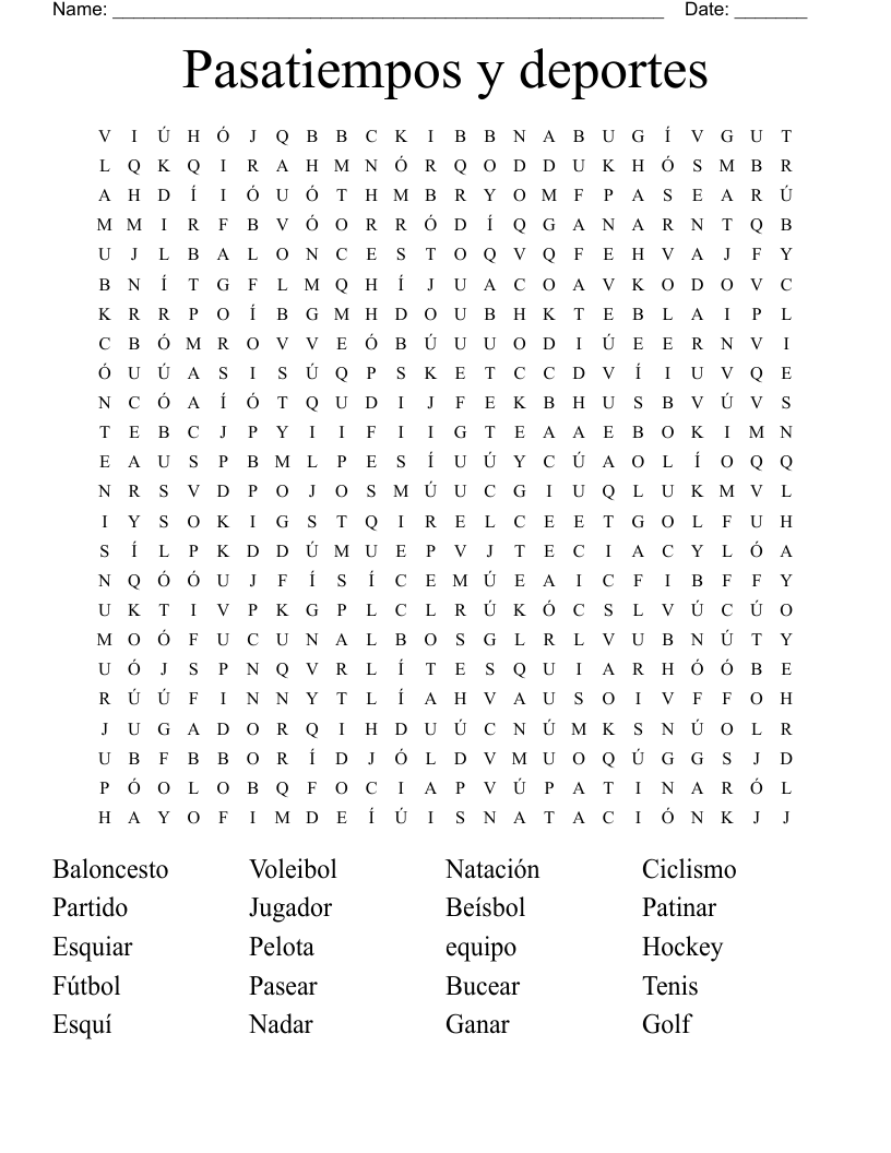Pasatiempos y deportes  Word Search