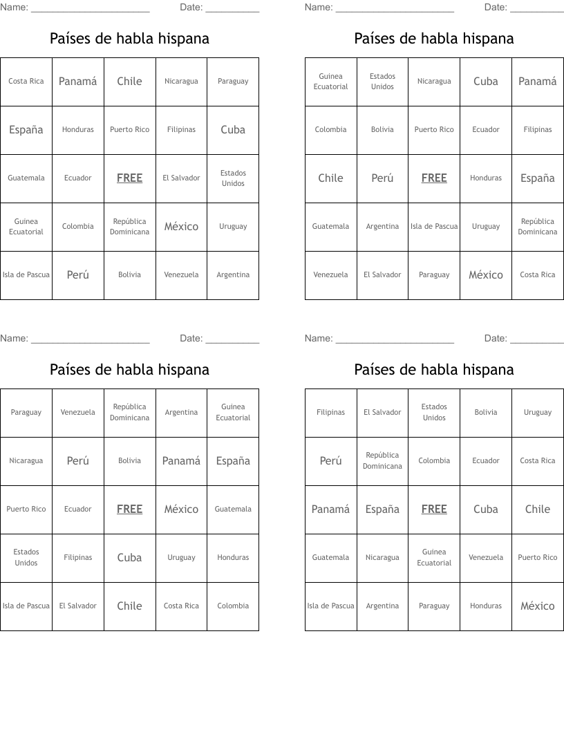 Países de habla hispana Bingo Cards