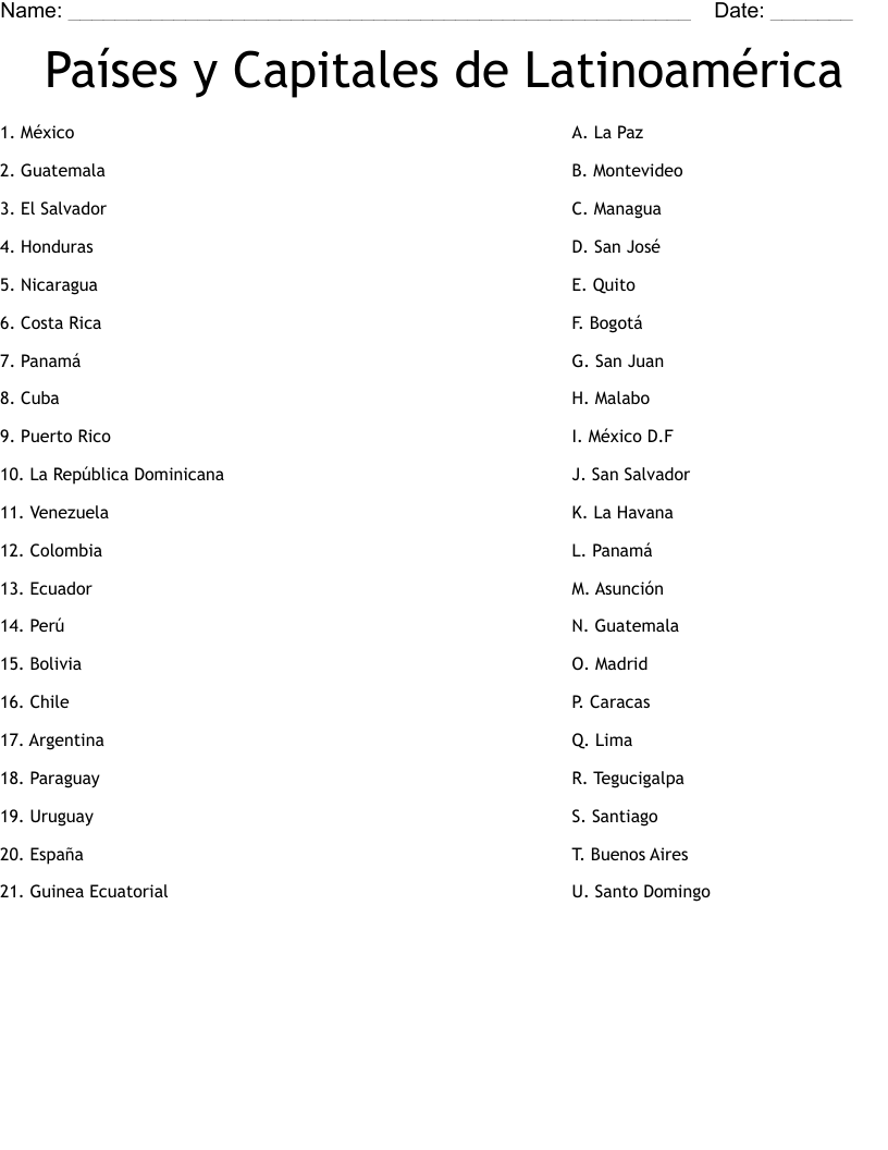 Países y Capitales de Latinoamérica Worksheet