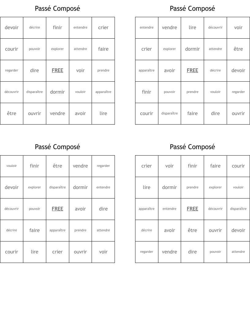 Passé Composé Bingo Cards