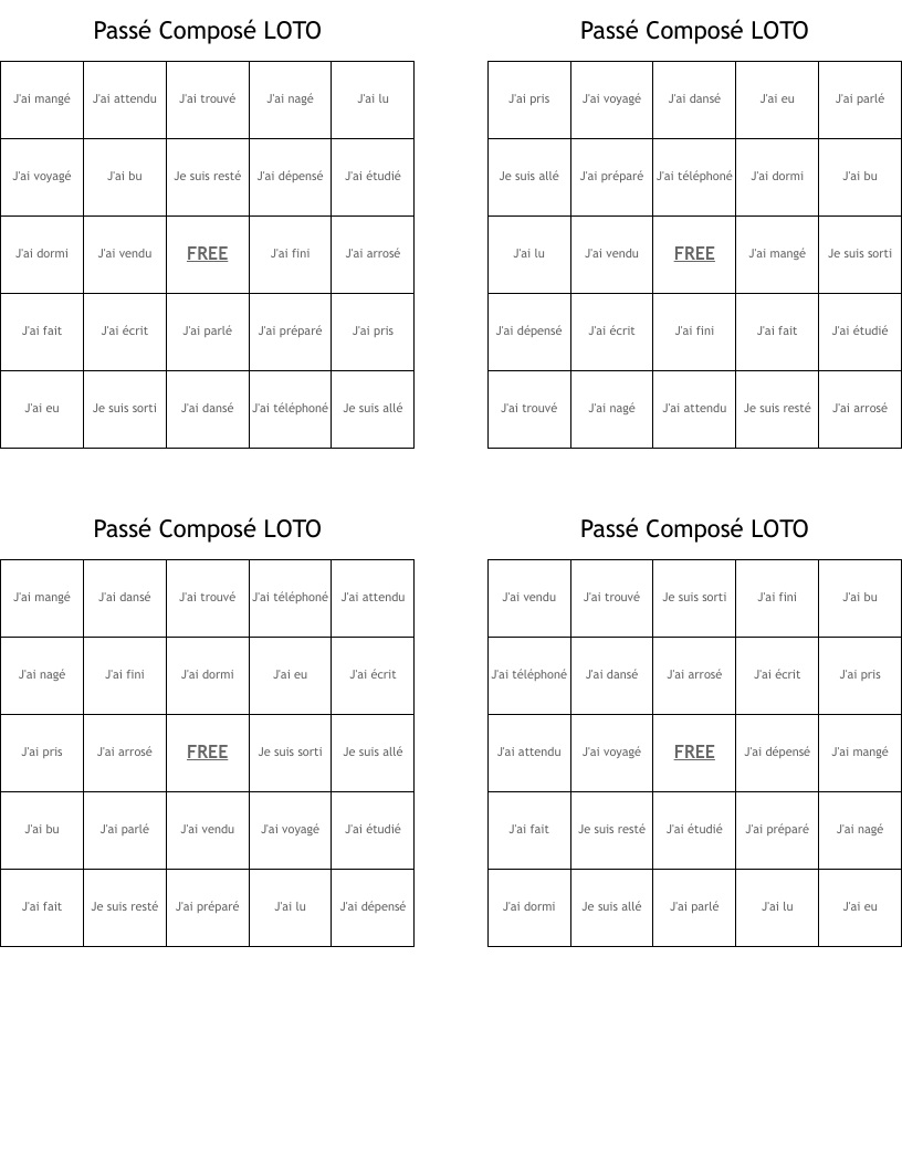 Passé Composé LOTO Bingo Cards