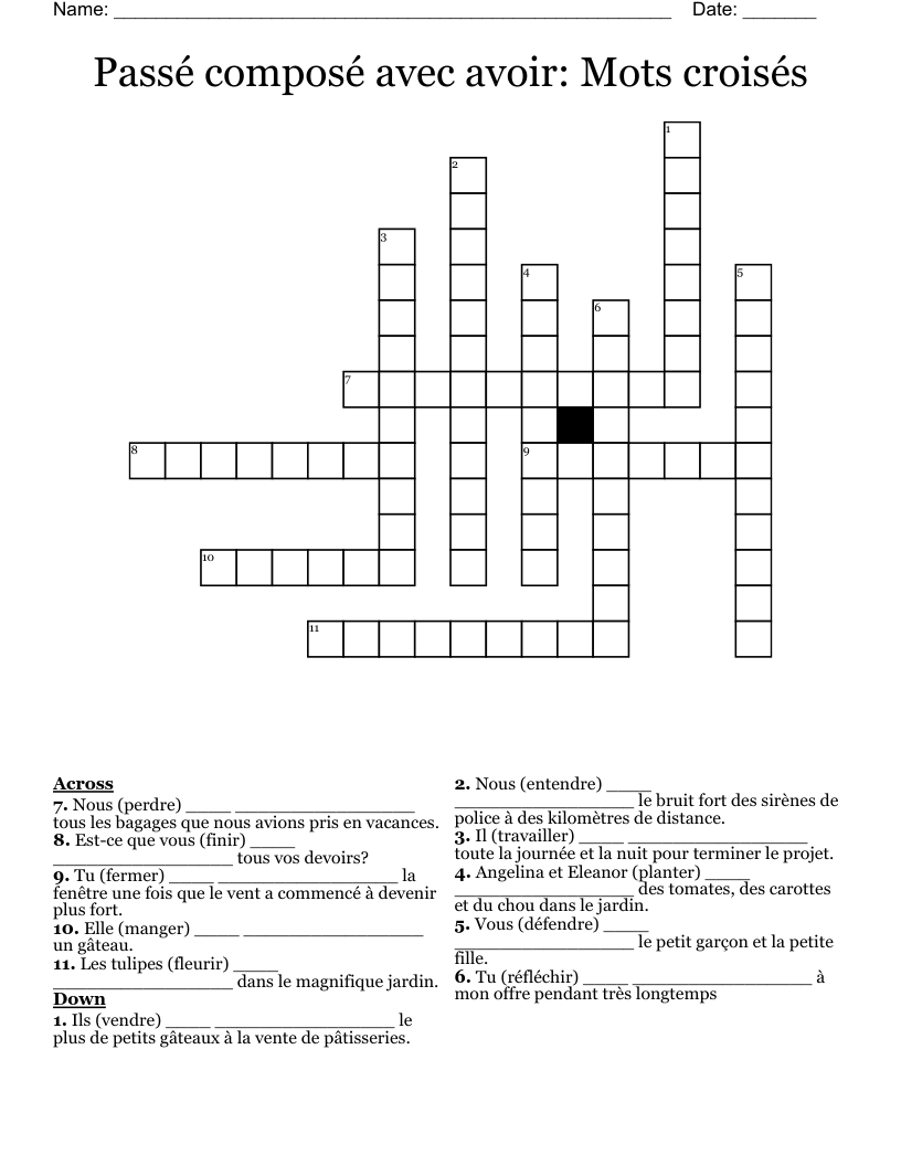 Passé composé avec avoir: Mots croisés Crossword