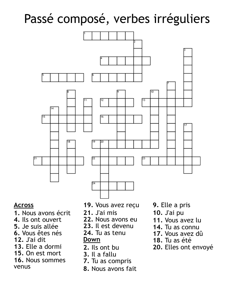 Passé composé, verbes irréguliers Crossword