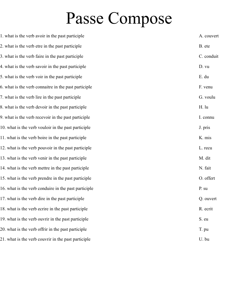 Passe Compose  Worksheet