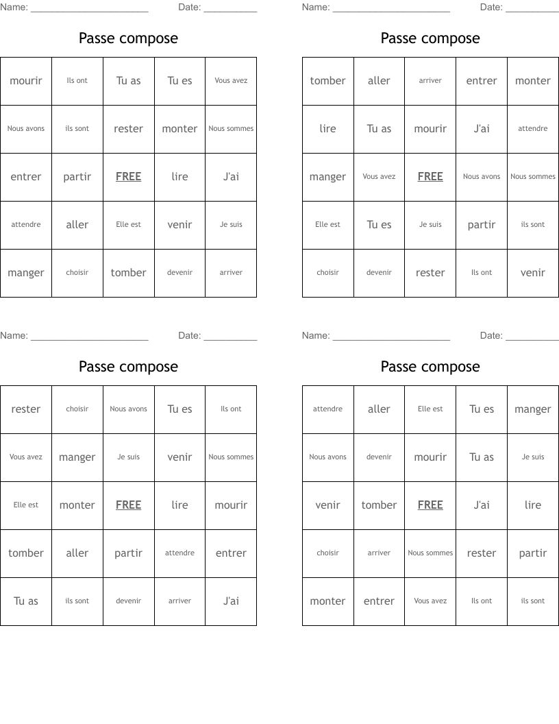 Passe compose Bingo Cards