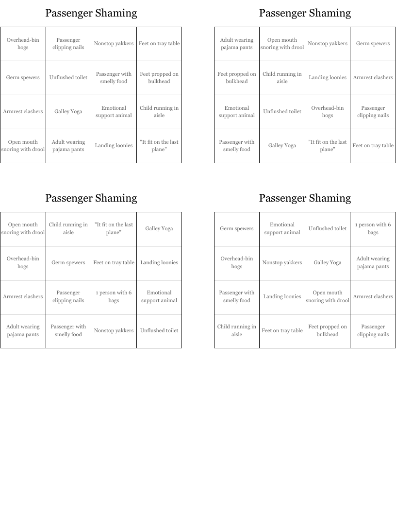 Passenger Shaming Bingo Cards