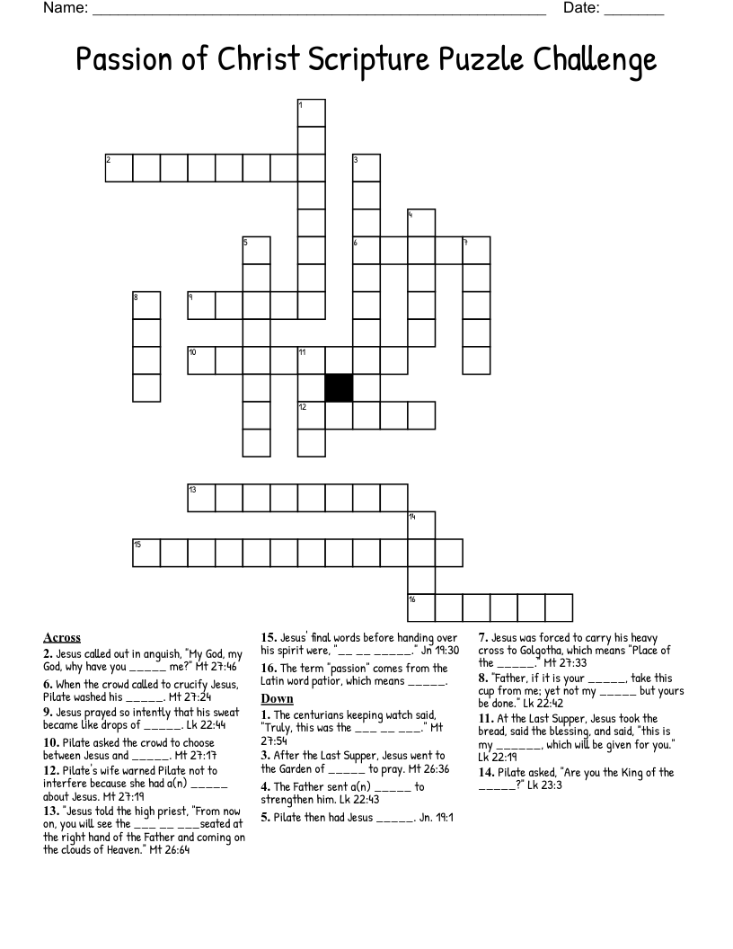 Passion of Christ Scripture Puzzle Challenge Crossword