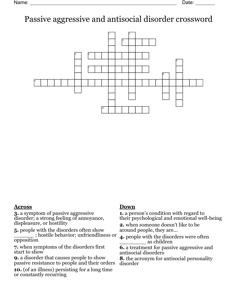 Passive aggressive and antisocial disorder crossword