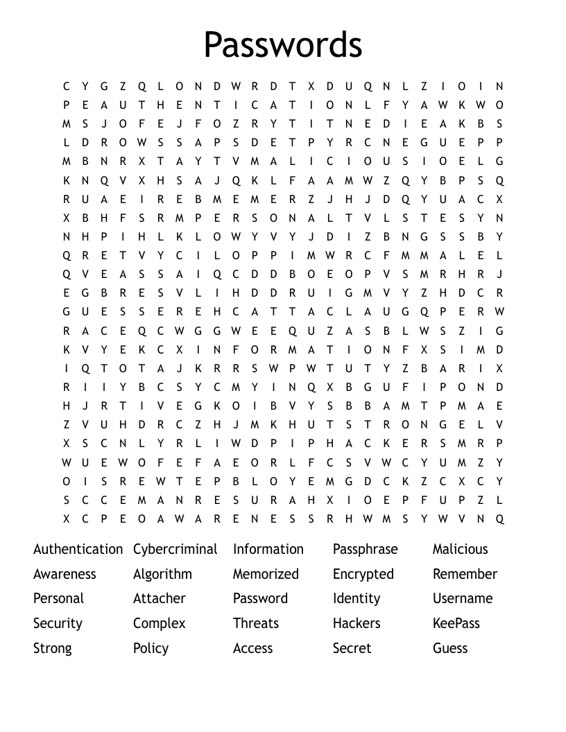 Passwords Word Search