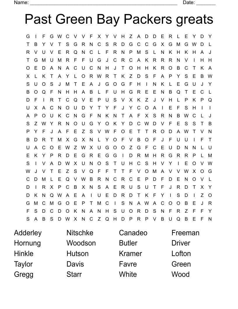 Past Green Bay Packers greats Word Search
