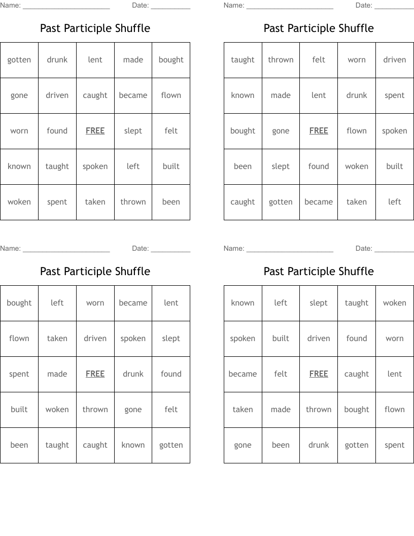 Past Participle Shuffle Bingo Cards