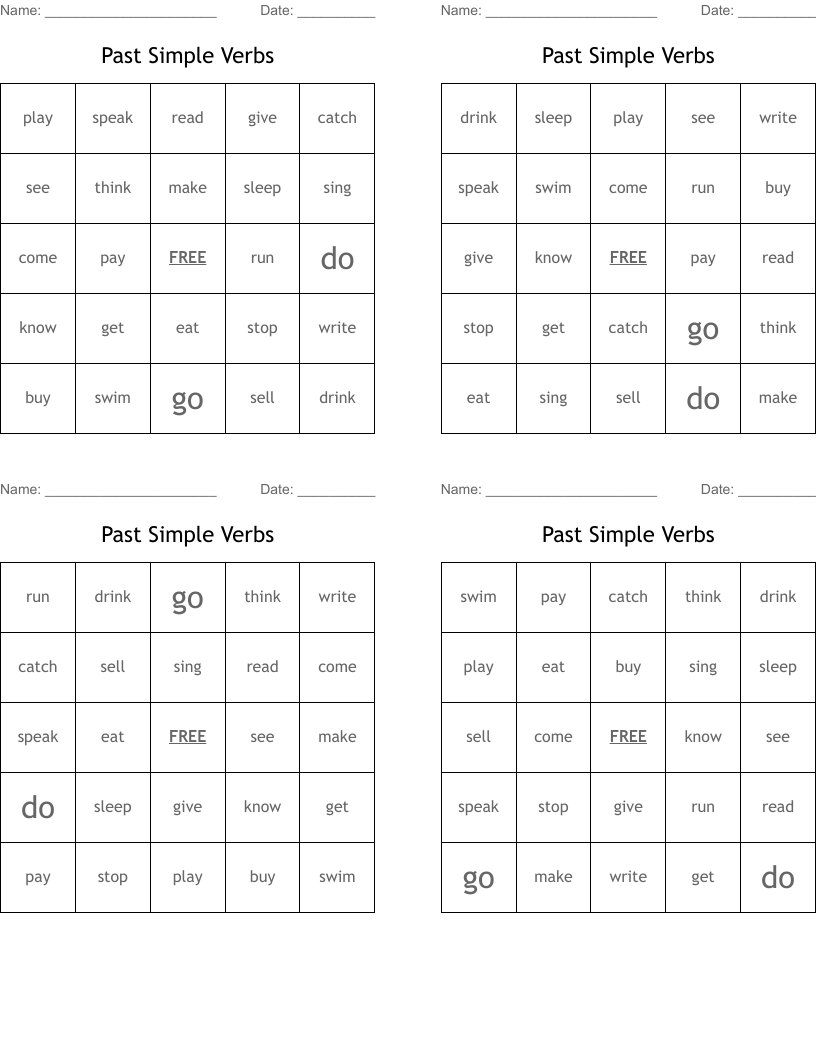 Past Simple Verbs Bingo Cards