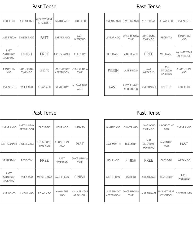 Past Tense Bingo Cards