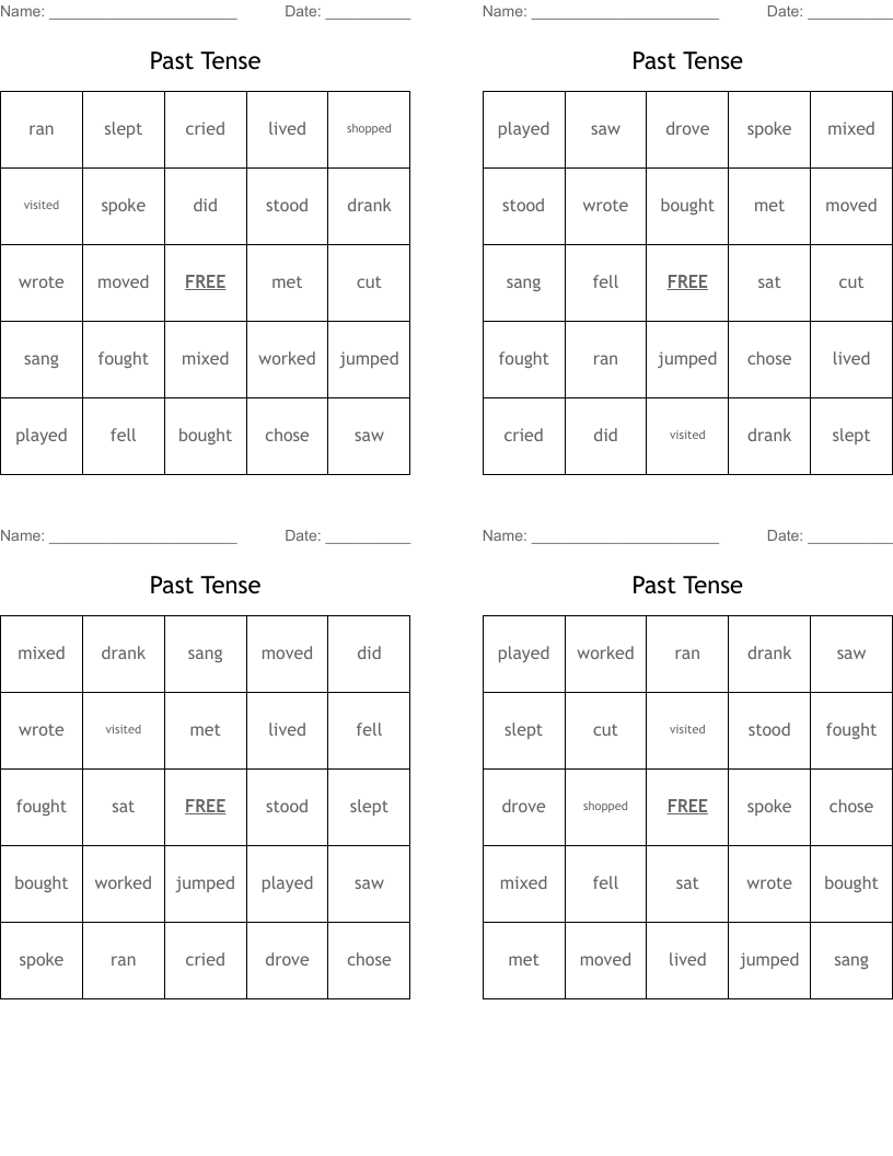 Past Tense Bingo Cards