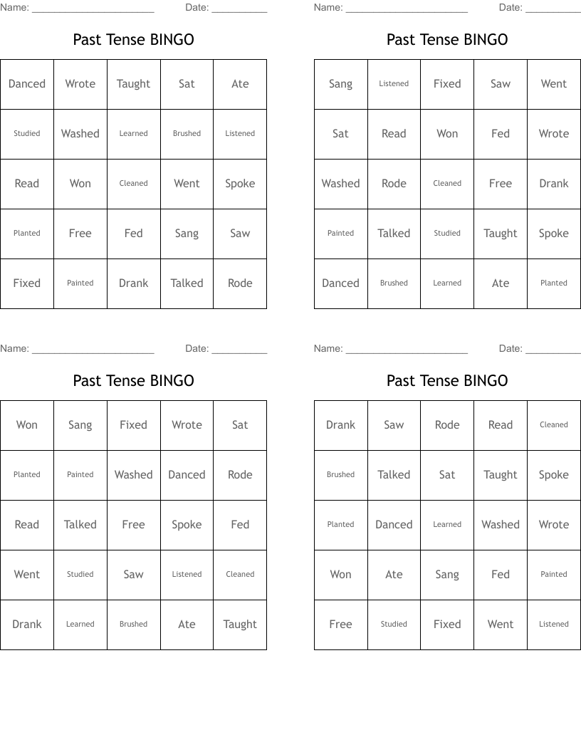 Past Tense BINGO