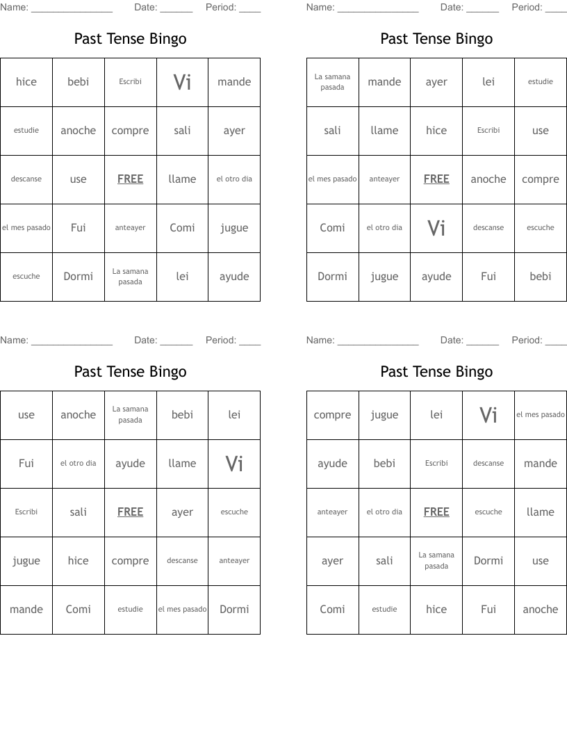 Past Tense Bingo