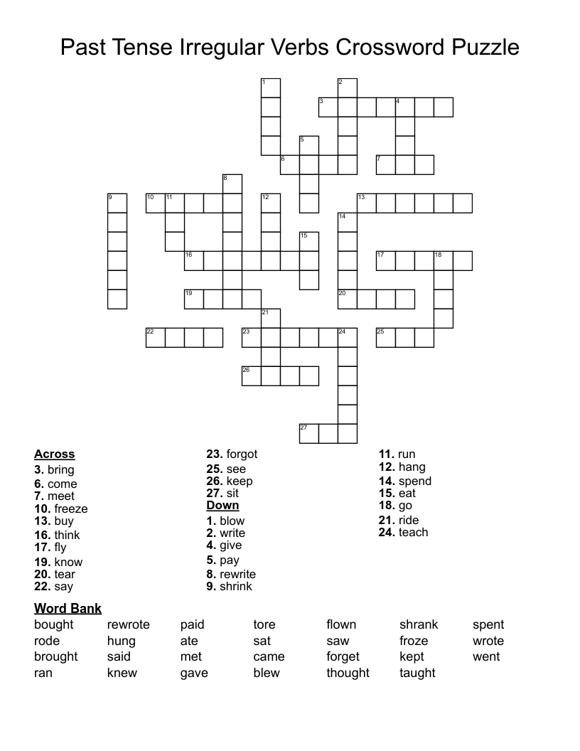 Past Tense Irregular Verbs Crossword Puzzle
