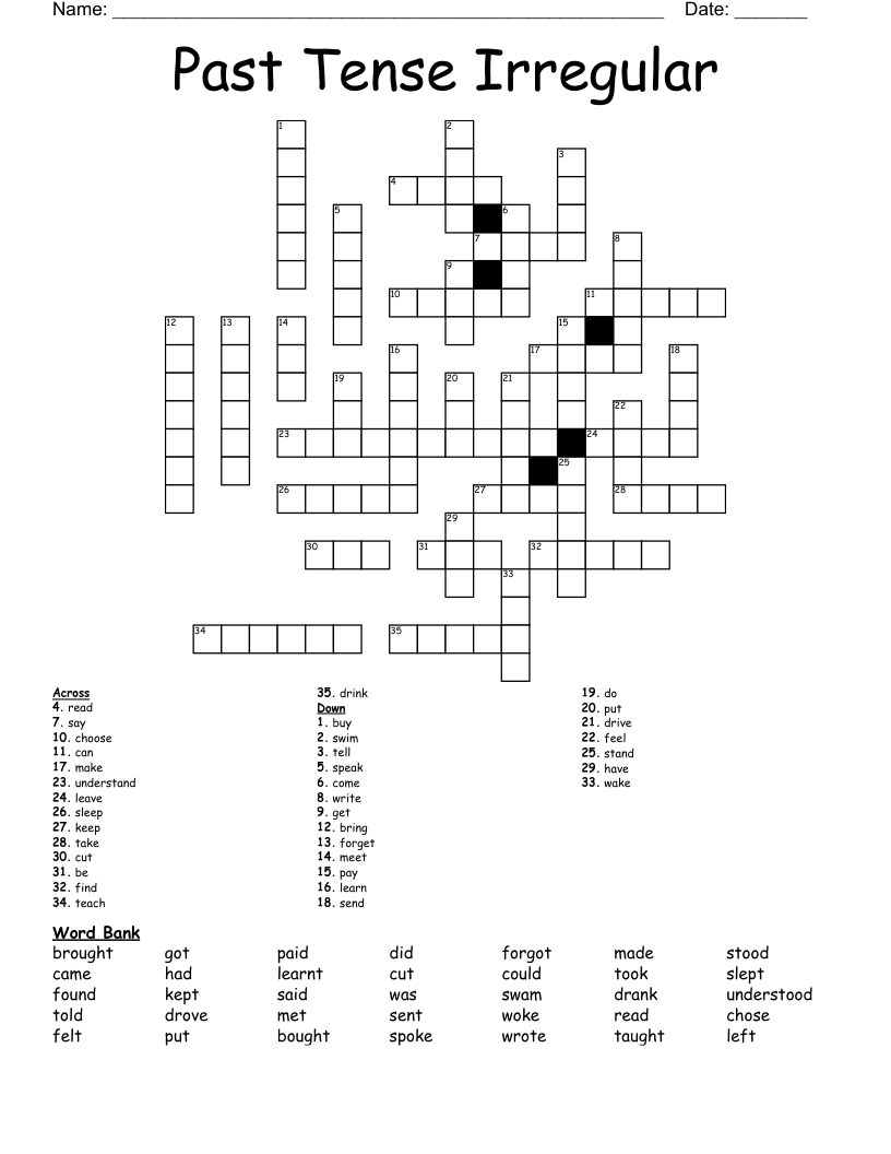 Past Tense Irregular  Crossword