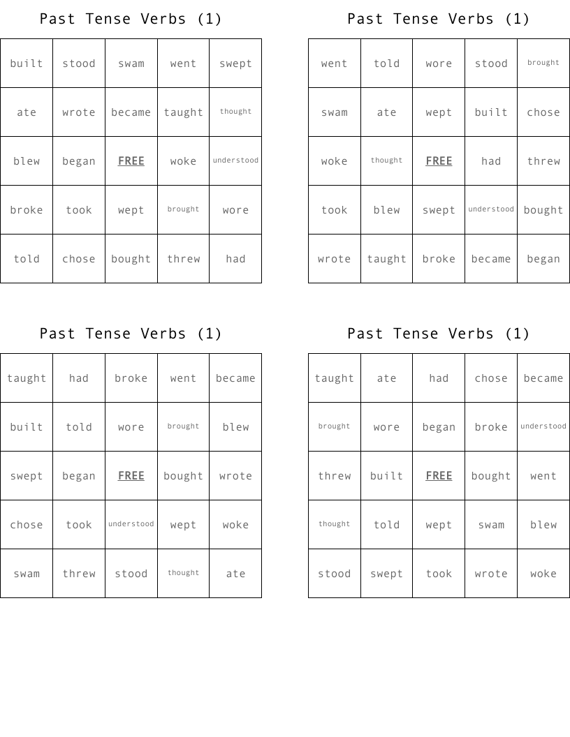Past Tense Verbs (1) Bingo Cards
