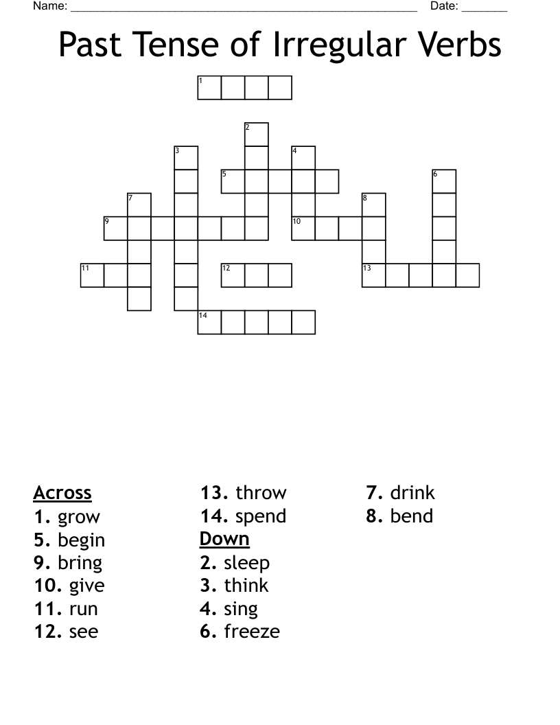 Past Tense of Irregular Verbs Crossword