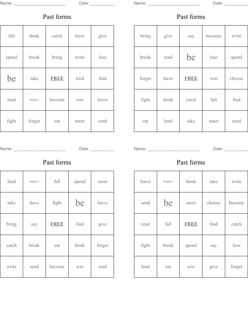 Past forms Bingo Cards