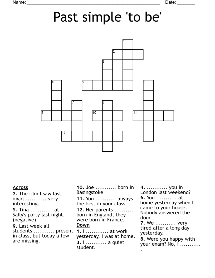 Past simple 'to be' Crossword