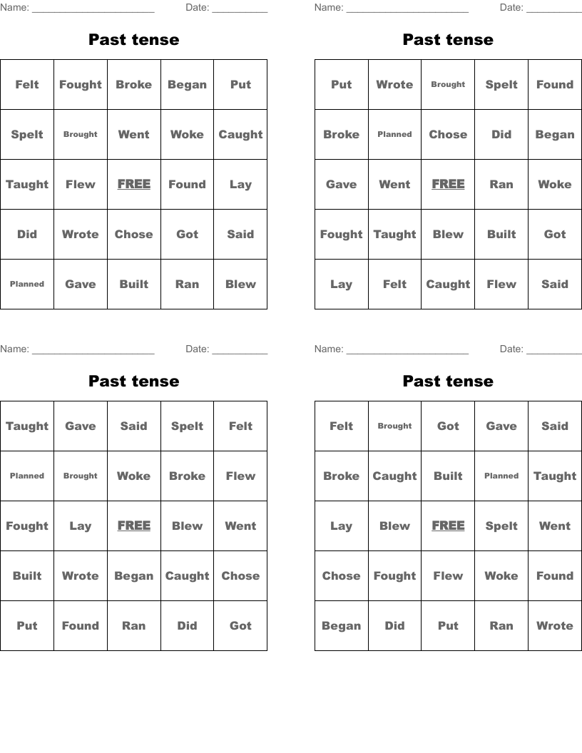 Past tense Bingo Cards
