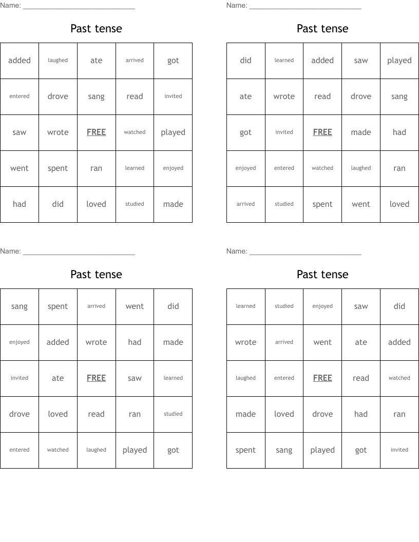 Past tense Bingo Cards