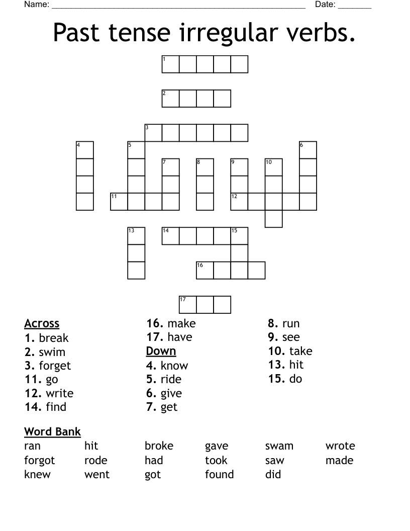 Past tense irregular verbs. Crossword
