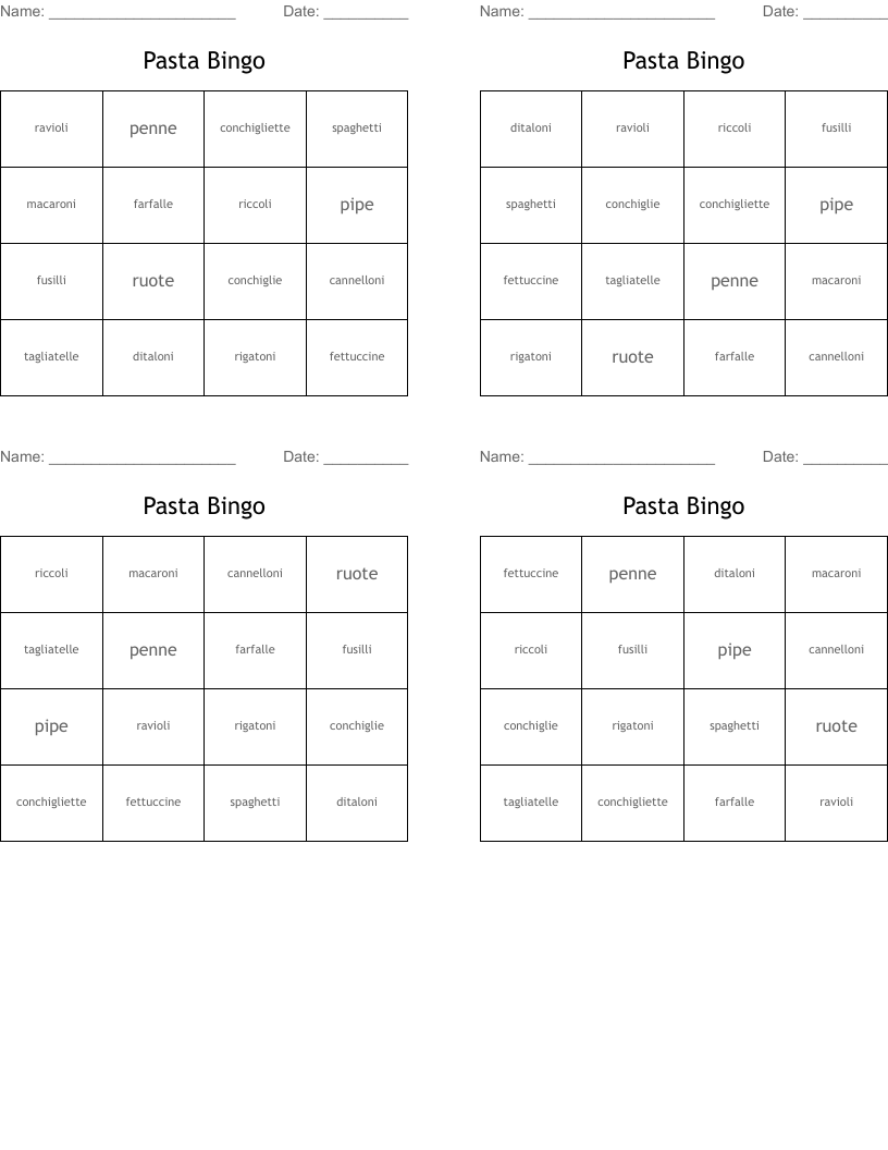 Pasta Bingo