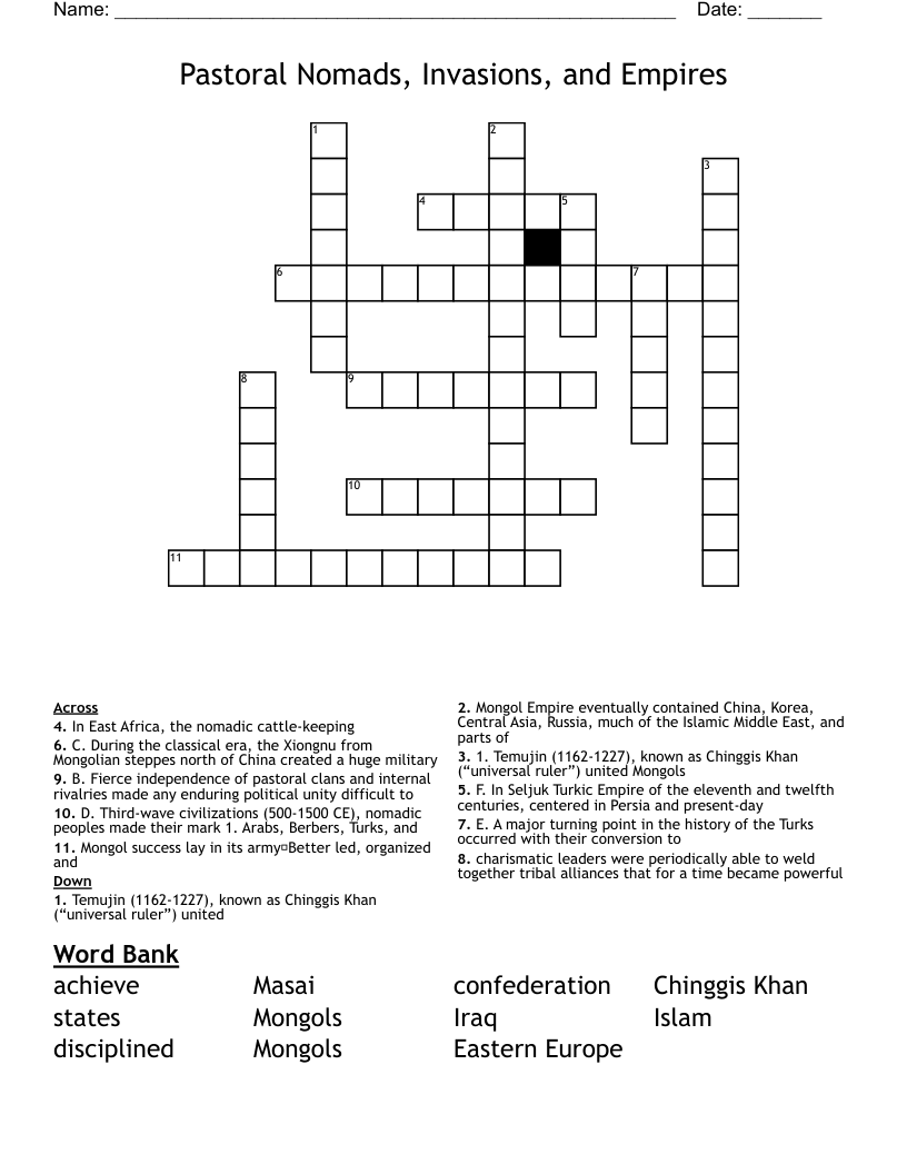 Pastoral Nomads, Invasions, and Empires                    Crossword