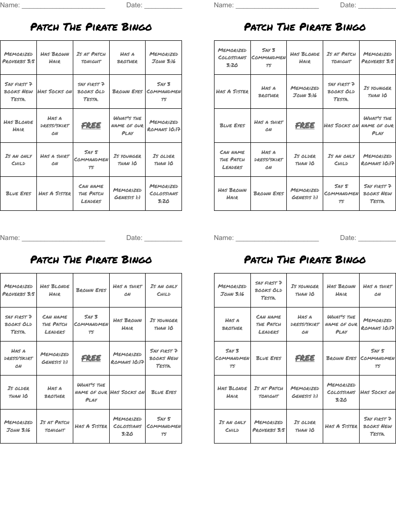 Patch The Pirate Bingo